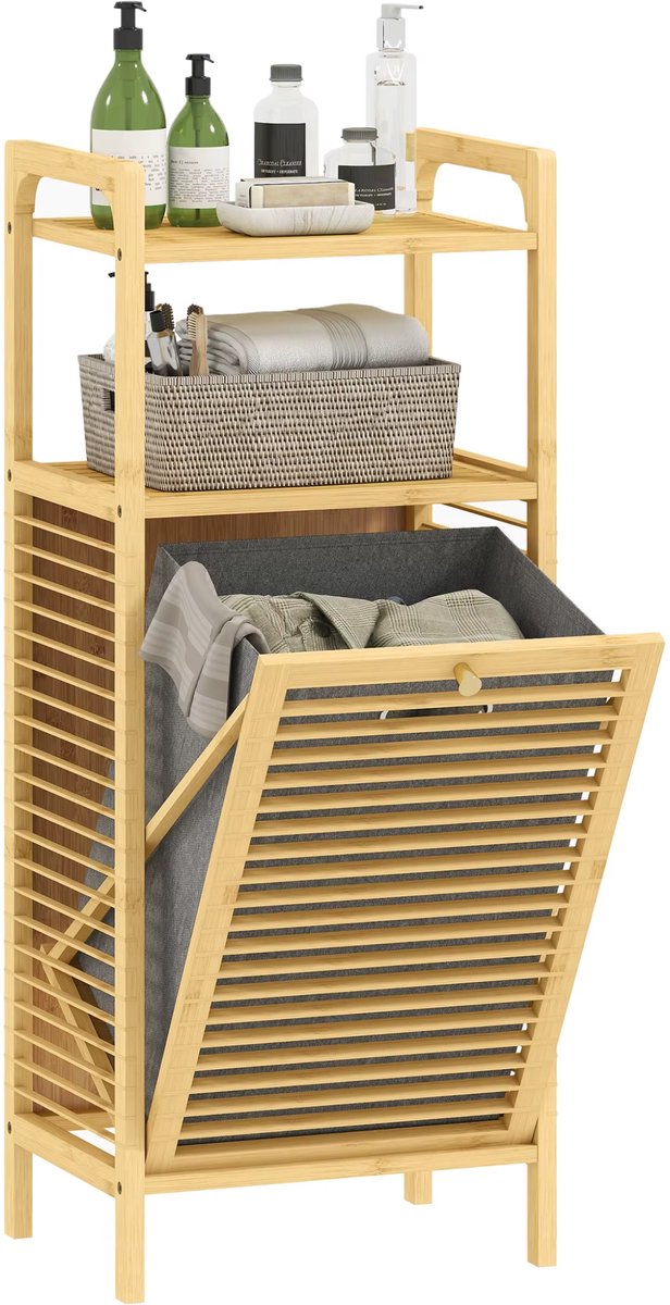 NordHaus Kledingmand - Wasmand - Wasgoedmand - Bamboe met open planken voor extra opbergruimte - Naturel - 40 x 30 x 95 cm