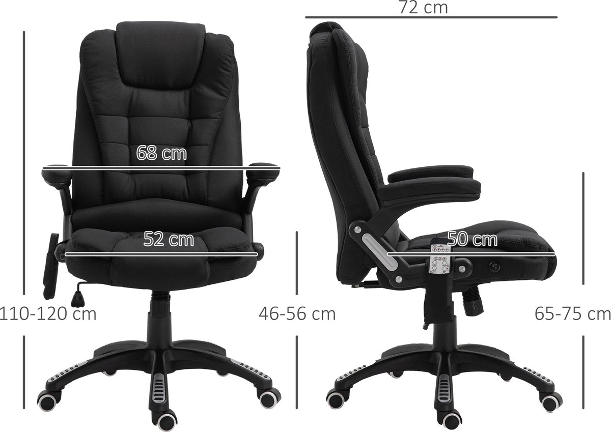 FloraGrace Ergonomische Bureaustoel Met Massage En Verwarming, Verstelbare Rugleuning, Draaibaar, Zwart, Polyester
