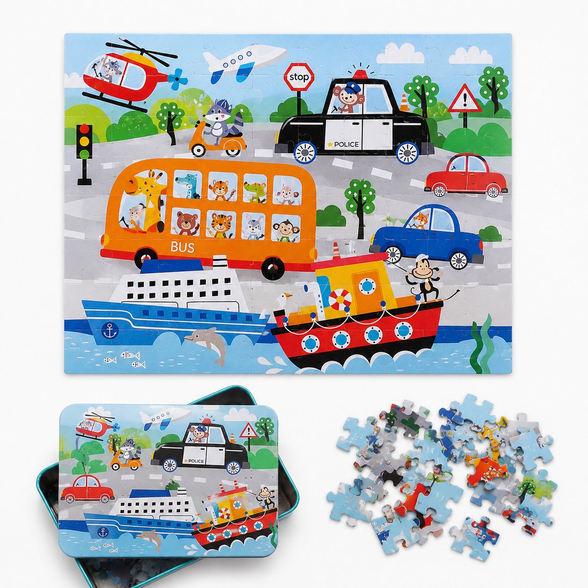 Voertuigen Puzzel voor Kinderen – 60 Stukjes – Puzzel in Bewaarblikje – Cadeau Kinderen