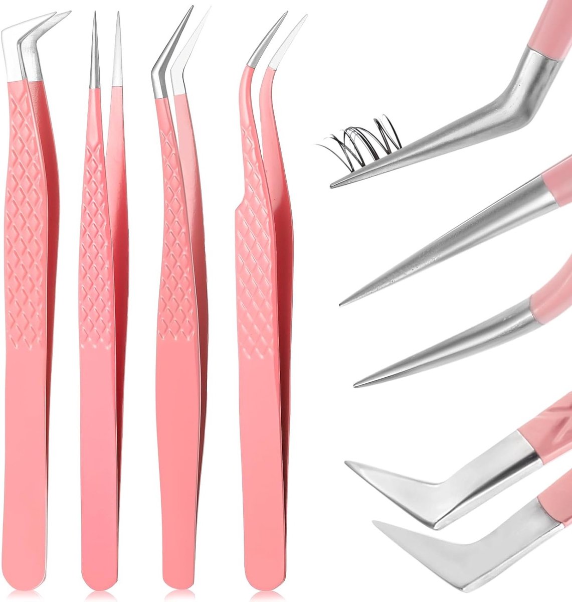 4 Stuks RVS Wimperpincet Set voor Wimperextensions, Rechte en Gebogen Wimpertangen met Antislip Grip, Professionele Wimperverzorging en Precisie Tool