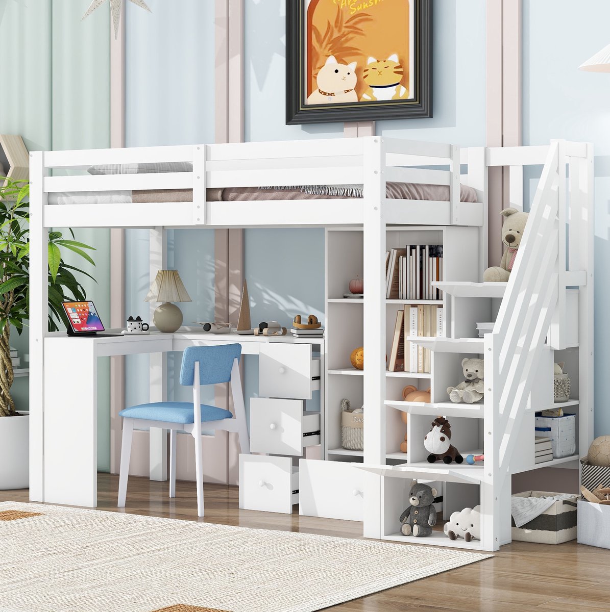 MEUNIQ Hoogslaper 90x200 cm met bureau, lades, open opbergruimte, geïntegreerde trap en uitvalbeveiliging voor kinderkamer, wit