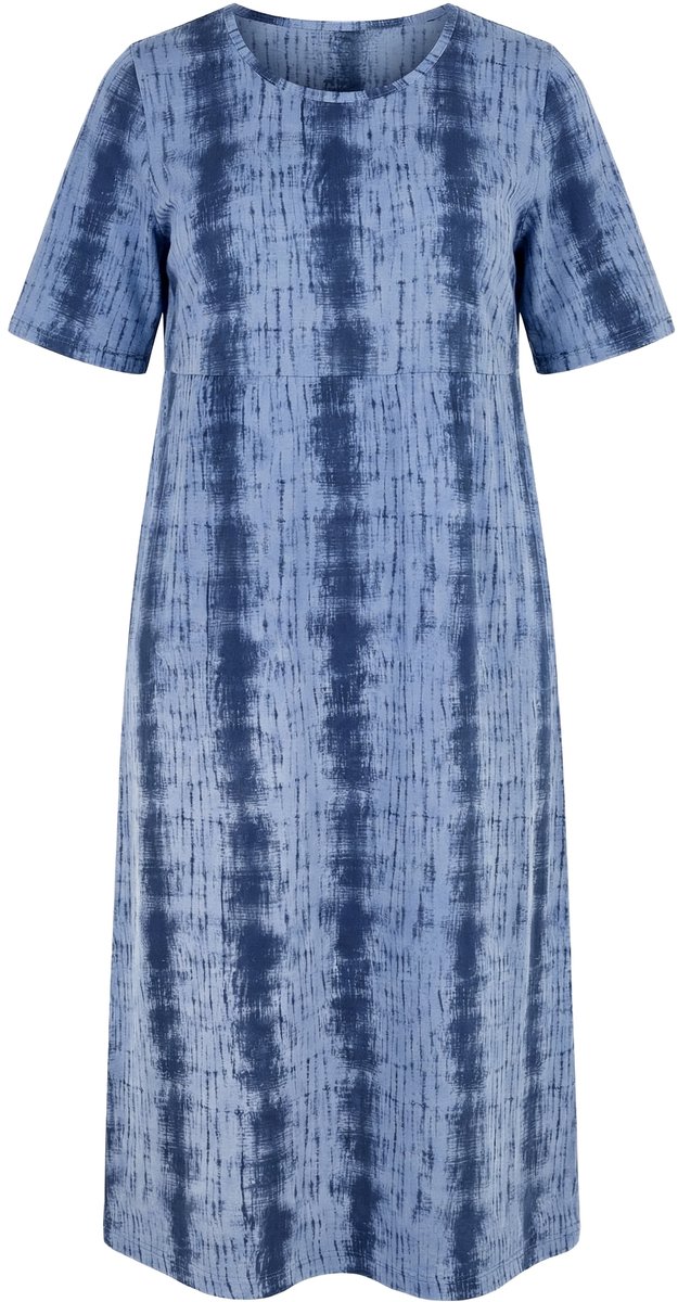 Ulla Popken Dames - Midi-jurk tie-dye strepen A-lijn ronde hals korte mouw - Inktblauw - Maat 54+