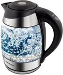 Glazen waterkoker met kokend water, ventilatie en roestvrijstalen details.