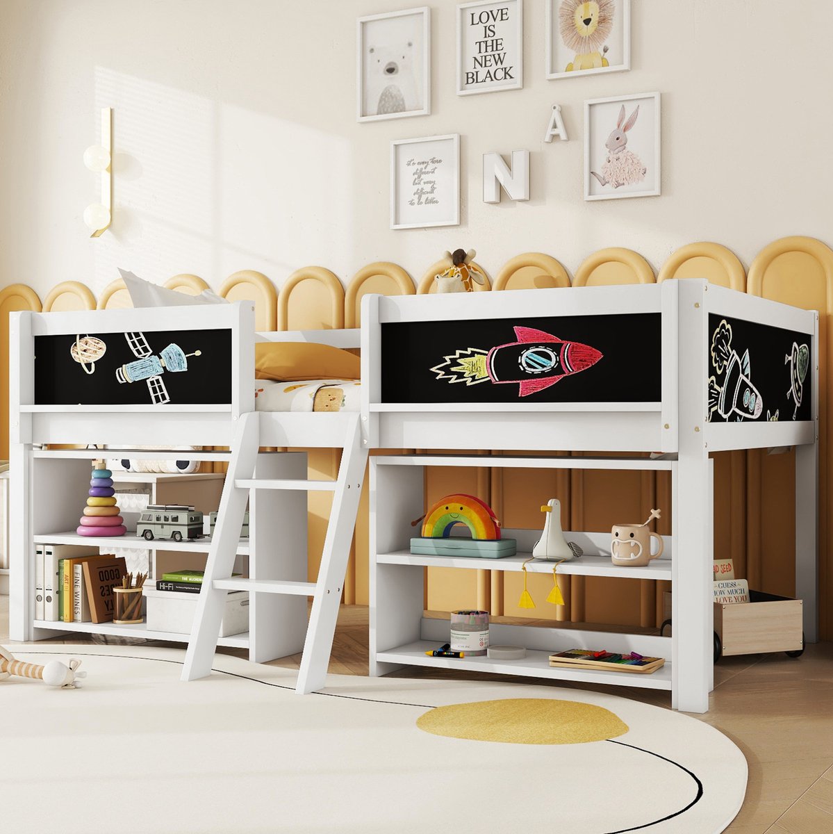 MEUNIQ halfhoogslaper 90x200 cm met opbergrekken, veiligheidshekken en ladder, voor kinderkamer, wit, met ruimte onder het bed White
