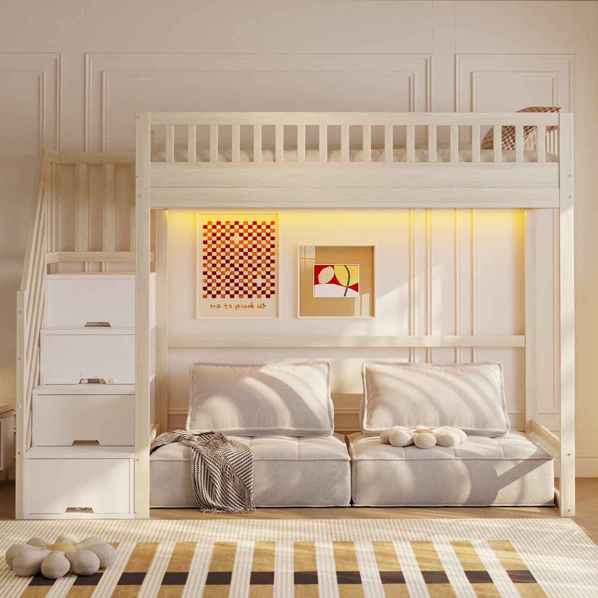 MEUNIQ hoogslaper 90 x 200 cm met veiligheidsladder, opbergtreden, LED-verlichting en open ruimte onder het bed, voor kinderkamer in naturel houtkleur Natural Wood