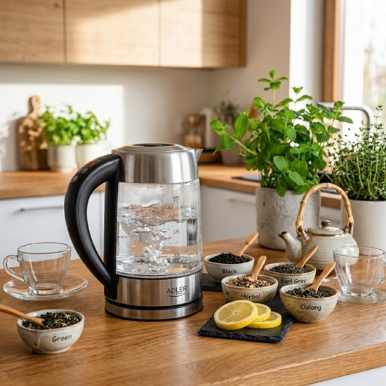 Glazen waterkoker met RVS accenten, zwart handvat, met verschillende theesoorten.