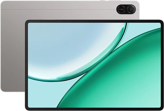 Grijze tablet met camera aan de achterzijde en een tablet met een groen en blauw scherm.