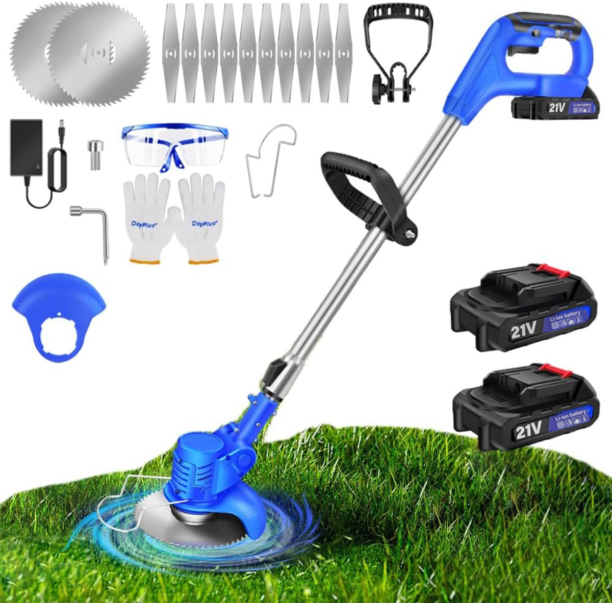 Grastrimmer/Bosmaaier - 800W Motor Van Puur Koper - Telescopische Steel Met 0-90° Draaibare Kop - 2 Ronde En 10 Rechte Messen - Lichtgewicht 1,5 Kg - Blauw