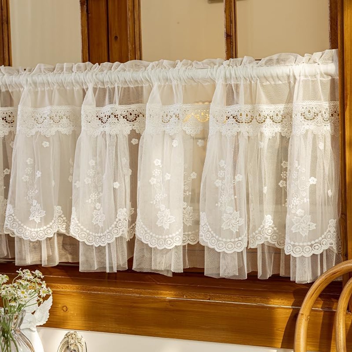 Kanten Cafégordijnen - Keukengordijnen Raambekleding - Privacy en Decoratie - Elegant Bloemmotief - 60 x 150 cm - Wit