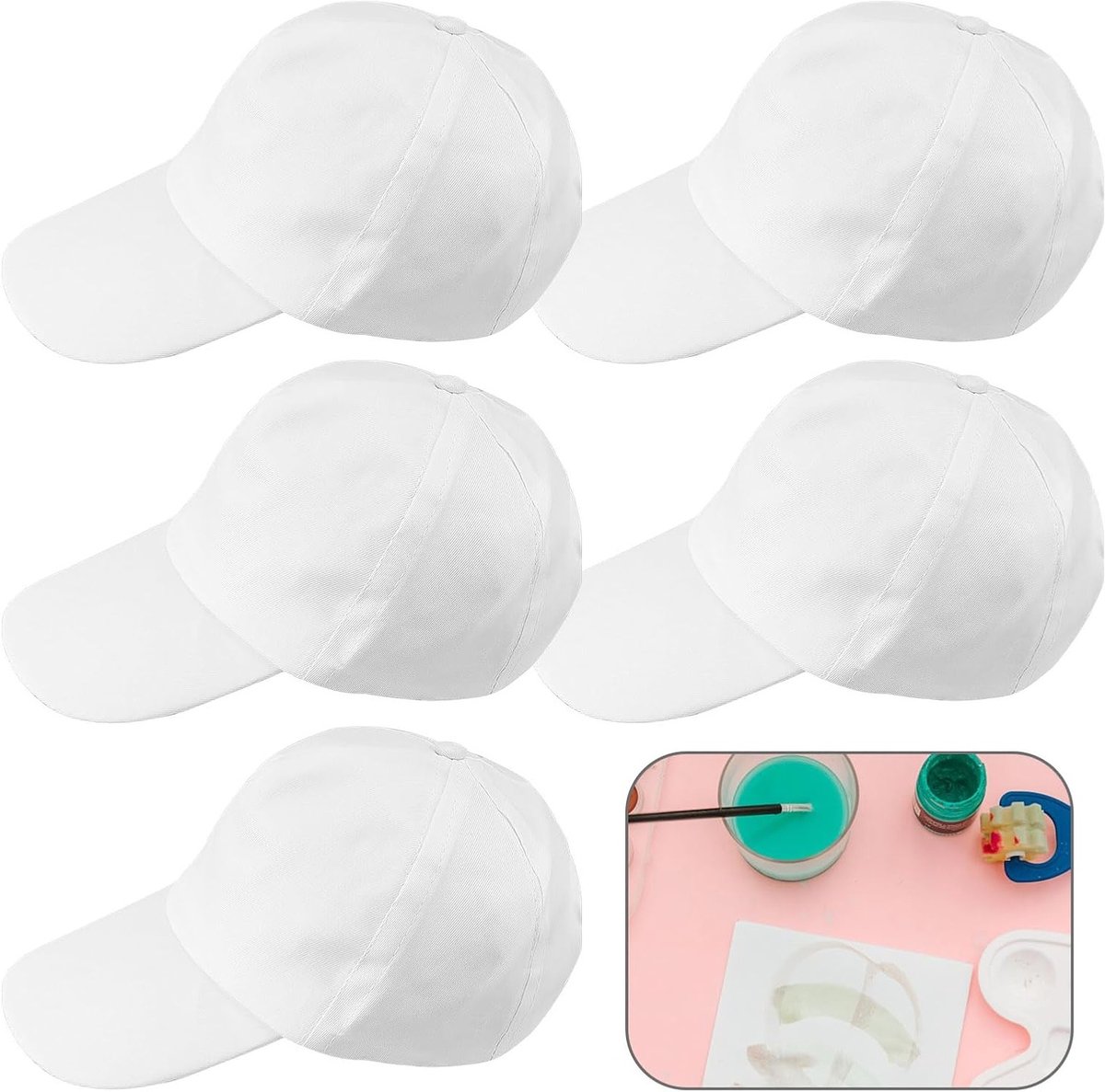 Set van 5 Witte Baseball Caps van Katoen voor DIY Graffiti, Versterkte Gesp, Geschikt voor Kunstfeesten en Gezinnen, 55 cm