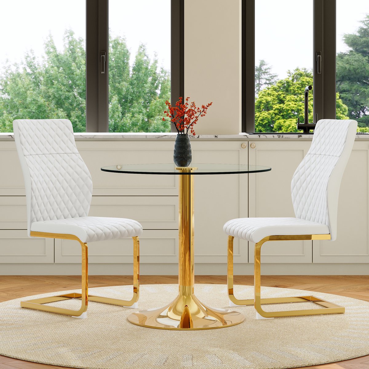 STILVORA Ronde Glazen Eettafel En 2 Eetkamerstoelen 85 cm - Modern Licht Luxueus - Voor Eetkamer En Woonruimte - Metaal - Wit Goud