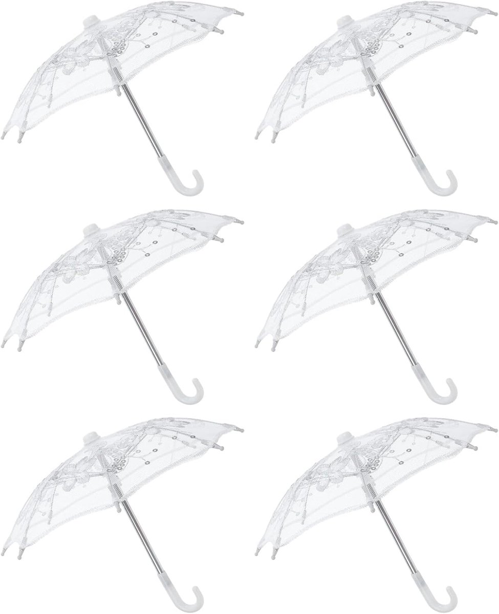 Kanten Parasol - Mini Paraplu - Bruiloft Decoratie - Geborduurd Pailletten - 6 Stuks - Wit