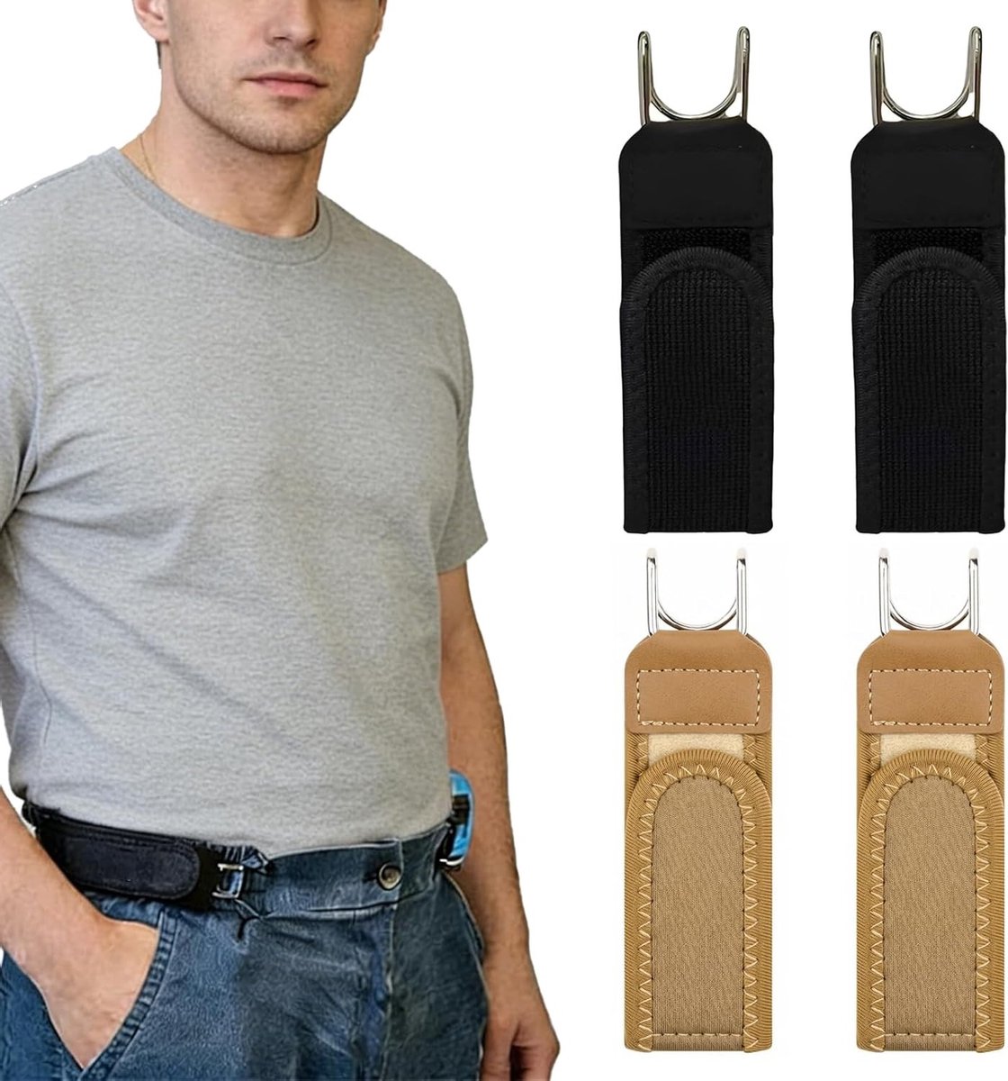 Elastische onzichtbare riem zonder gesp, verstelbare riem met metalen haken en klittenbandsluiting, geschikt voor heren en dames, zwart/bruin, comfortabel en discreet