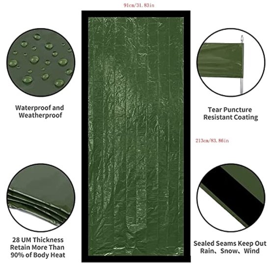 Survival-slaapzak met Signaalfluitje, Nooddeken Herbruikbaar, Reddingsdeken, Superlicht, voor Outdoor, Kamperen, Wandelen - Groen — afbeelding 2