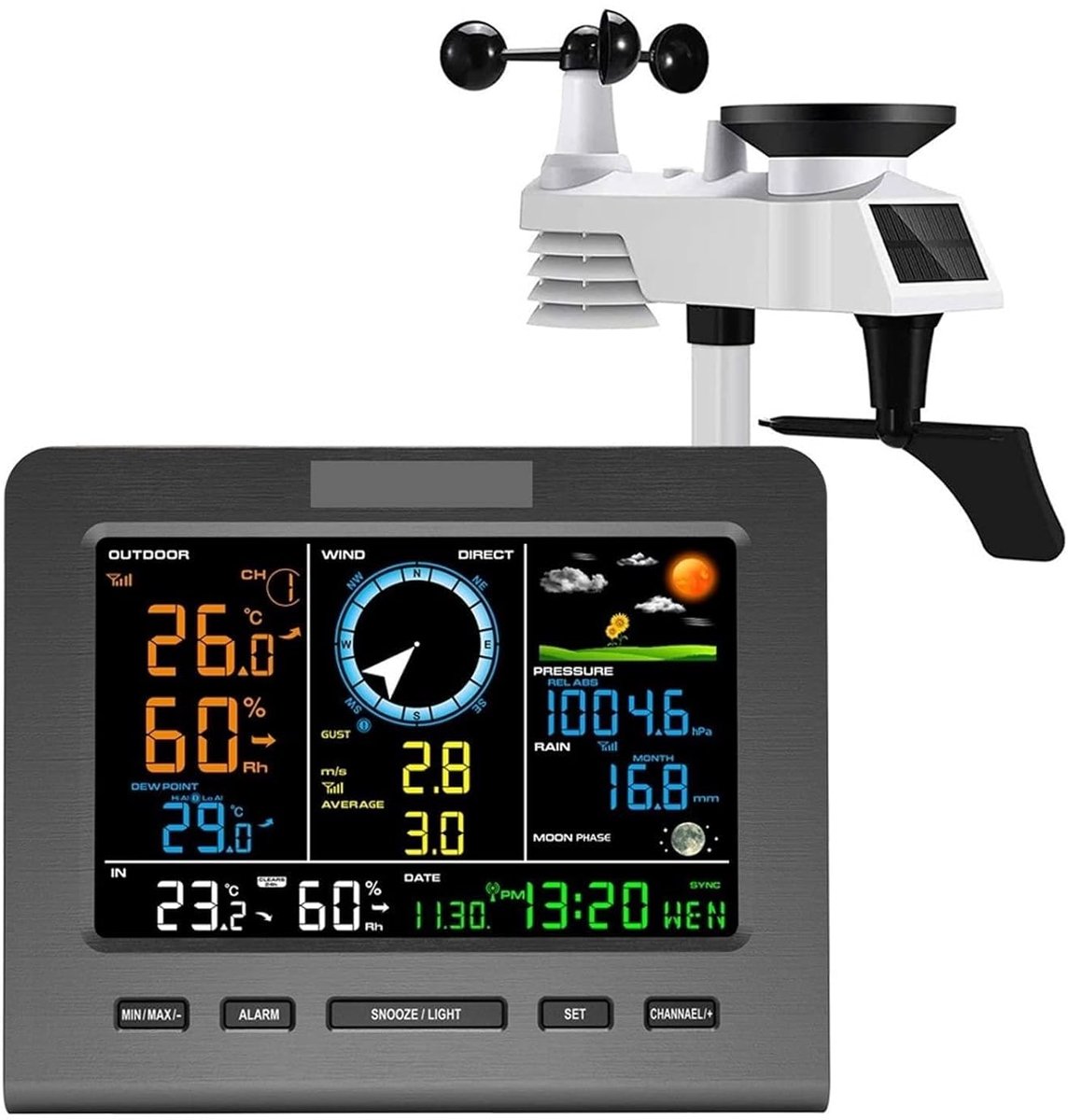 Draadloos Weerstation - Weersvoorspeller Buiten - Weer Monitoren - 6-in-1 Buitensensor - 10 g - Wit