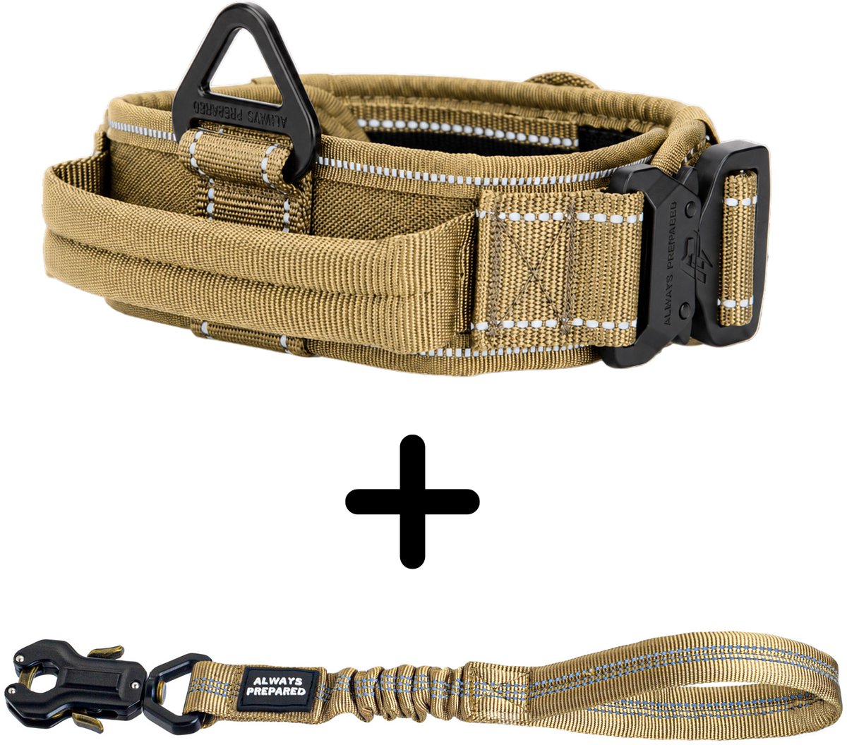Always Prepared® Combi-Deal – Reflecterende Hondenhalsband + Korthouder – Extra Zichtbaarheid & Controle – One Size – Voor Middelgrote en Grote Honden – Khaki Reflecterend