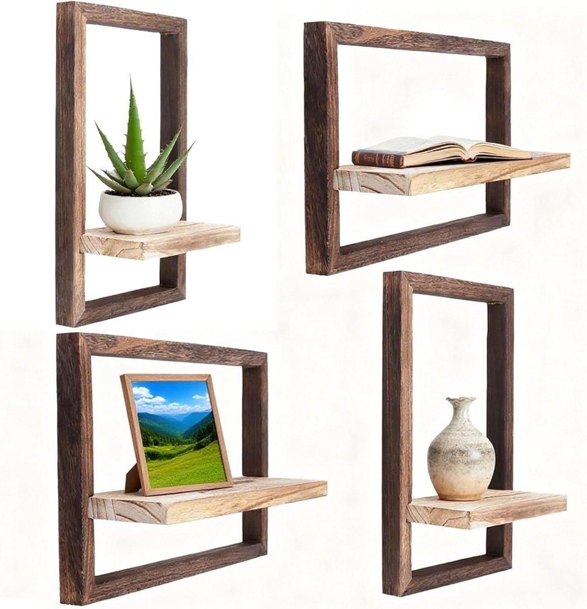 Set van 4 Wandplanken van Hout, Decoratie voor de Woonkamer, Zwevende Planken voor Slaapkamer en Kantoor, Multifunctionele Opbergruimte