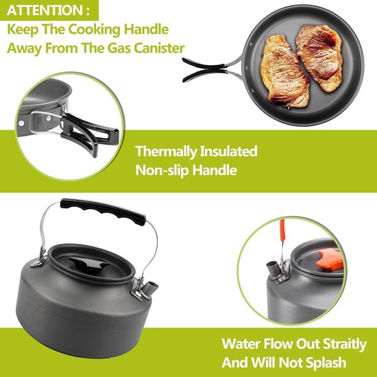 Camping kookset 7-delig – aluminium pannenset – lichtgewicht – compact – met waterketel en opbergtas — afbeelding 2