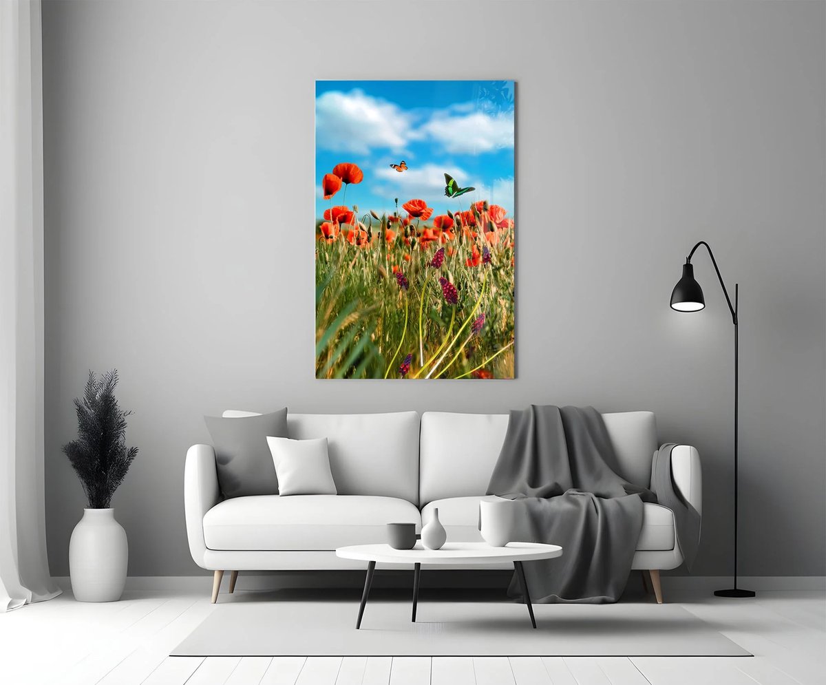 Insigne Art Glasschilderij Klaprozen en Vlinders – Kleurrijke Bloemen Wanddecoratie – Gehard Glas 4 mm - 72x46 cm