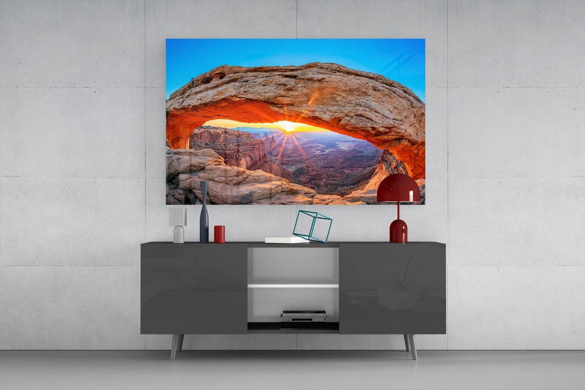 Insigne Art Glasschilderij Rotsboog bij Zonsondergang – Canyon Landschap – Gehard Glas 4 mm - 90x60 cm Kleurrijk