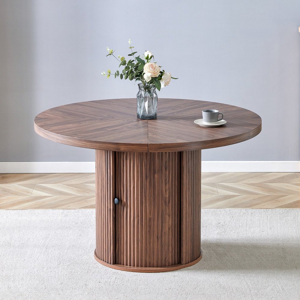 KOMHTOM Ronde Eettafel - Houtlook - 115 cm - Met Opbergruimte - Kolomvoet met Kast - Voor 4-6 Personen - Scandinavisch Modern Walnoot