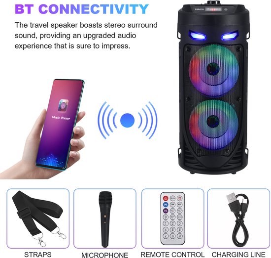 Draadloze Speaker met LED-verlichting - 8W x 2 Stereo, 1800mAh, Bluetooth 5.0 - Incl. Microfoon, Afstandsbediening & Schouderriem - Geschikt voor Buiten, Feest, Tuin of Strand - Zwart — afbeelding 3