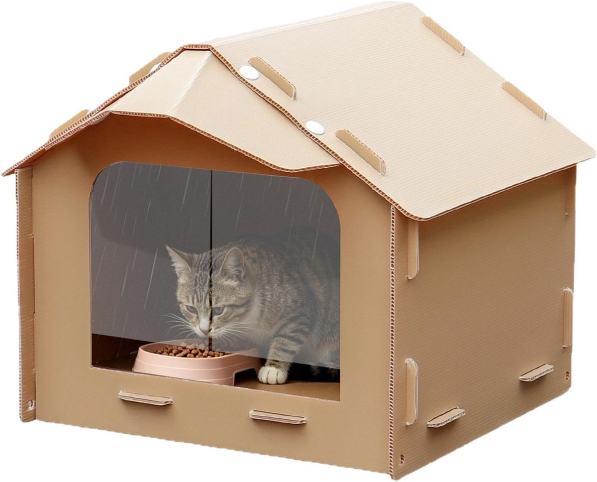 Kattenvoederhuisje Buiten - Weerbestendig Onderkomen - Droog Voer Houden - Hellend Dak Ontwerp - 51x50x42cm - Grijs