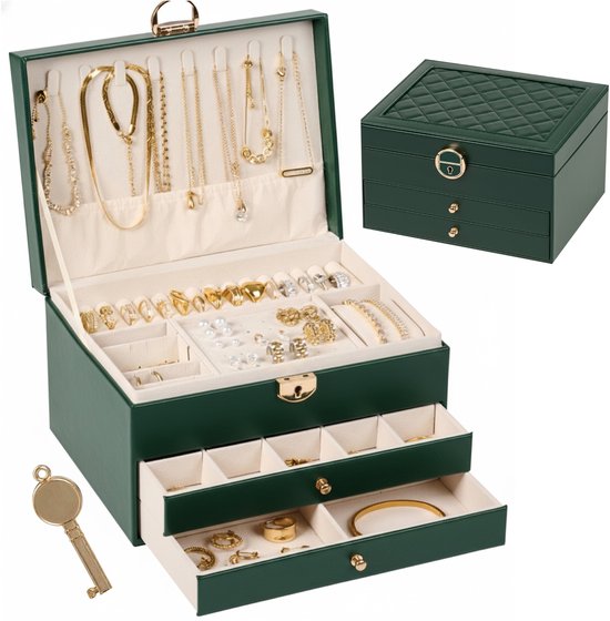 Groene juwelenkist met sleutel, open met sieraden en twee uitneembare laden.