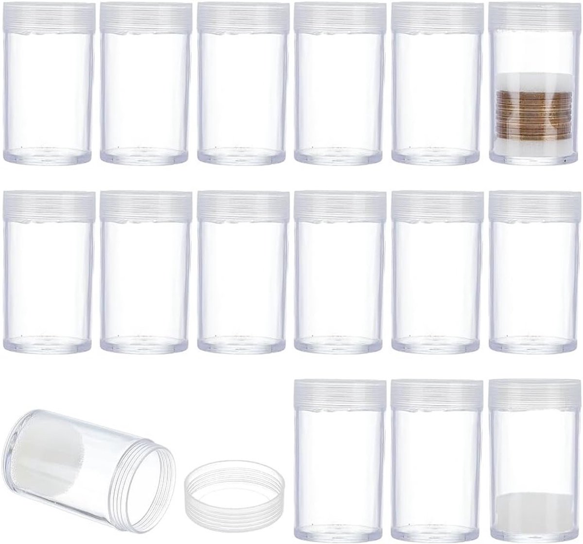 16 Stuks Ronde Heldere Plastic Munt Houder met Beschermende Spons, 33 x 56mm Transparante Verzameltubes voor Muntverzameling, Herdenkingsmunten en Zeldzame Munten (Binnen Diameter 29mm)
