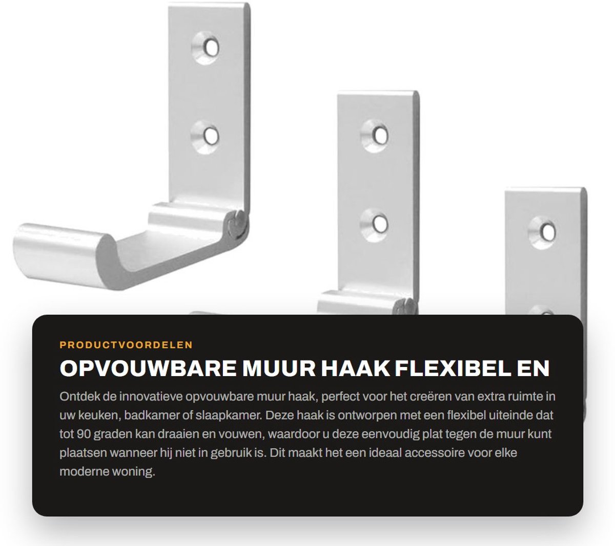Dailygoods- Opvouwbare Haak - Flexibel en Ruimtebesparend - Wandhaak Aluminium - Maximaal 10kg - Inclusief Montage Schroeven - Geschikt voor Keuken/Badkamer