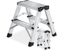 tectake® Dubbelzijdige Aluminium Keukentrap - 2 Treden - 38,5 cm - Stevige Trap Ladder - Opklapbaar Opstapje - Antislip Huishoudtrap