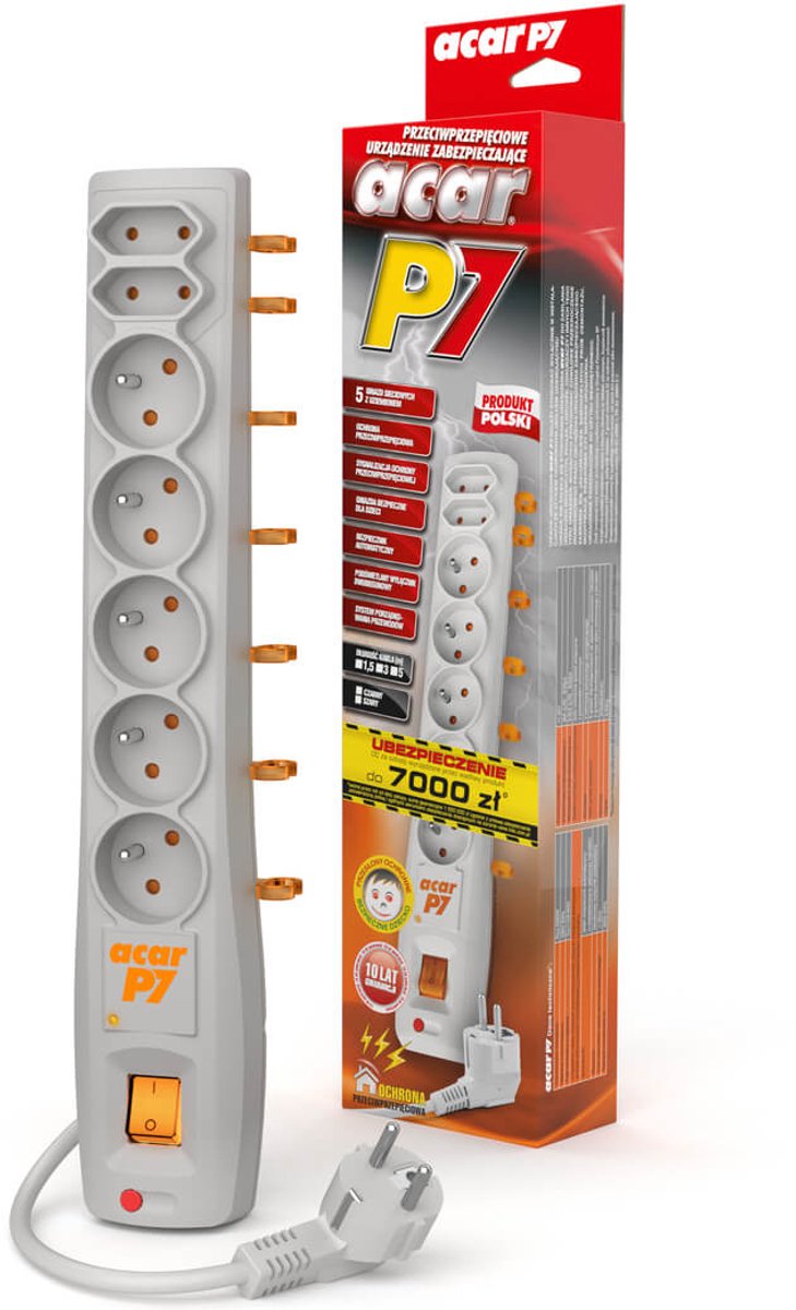 Acar P7 Serie - Stroomverdeler - 5,0m - 7 Stopcontacten - Grijs