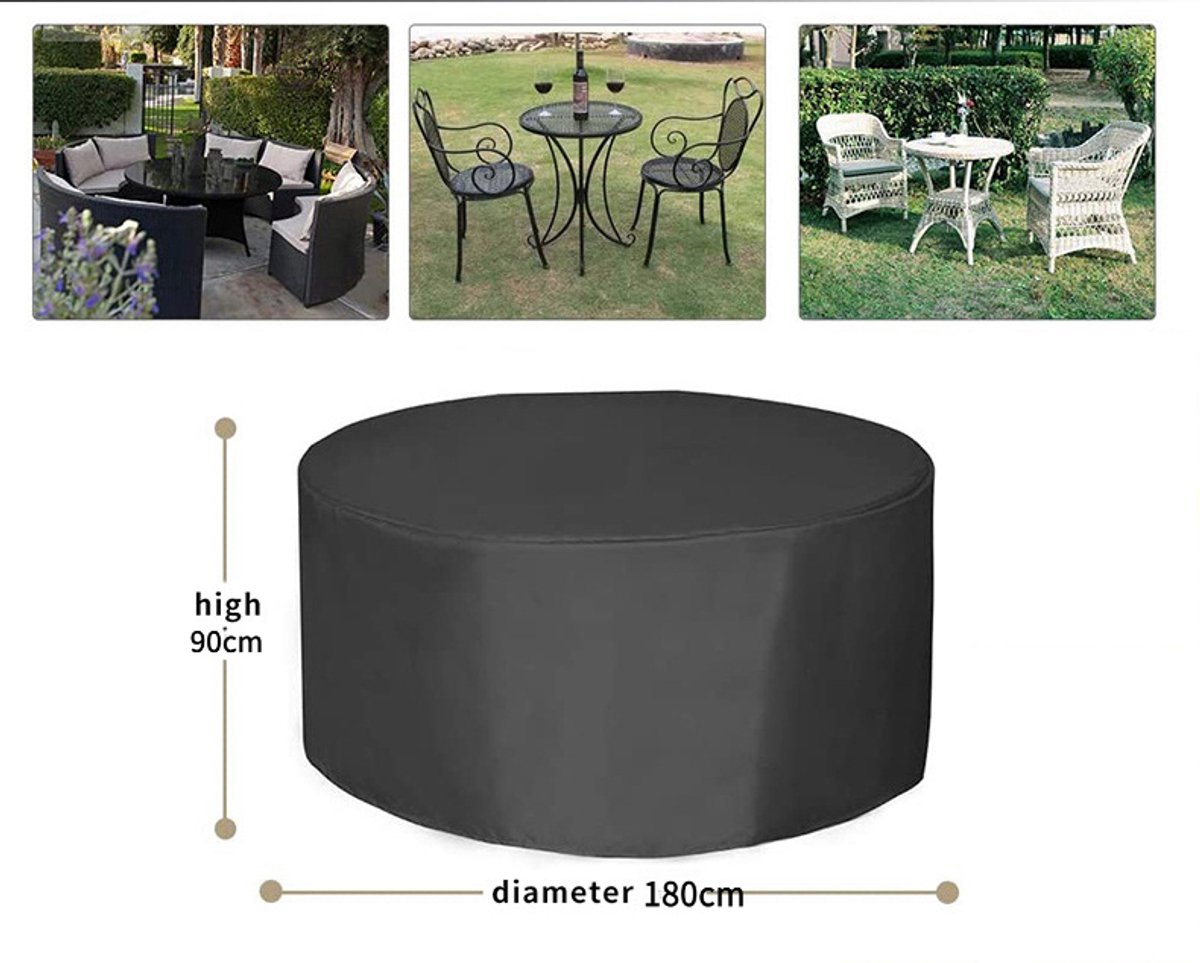 YAGXIG Ronde tuinmeubelhoezen - 180*90cm - 210D ronde tafelhoes voor buiten - zwart - tuinhoezen - Beschermhoes tuinmeubelen - Hoes voor tafel en stoelen - waterdicht - winddicht
