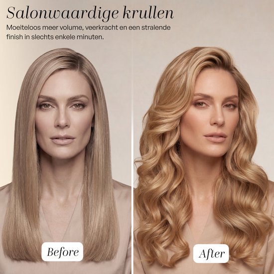 Model met lang steil blond haar 'voor', en met grote golven 'na'.