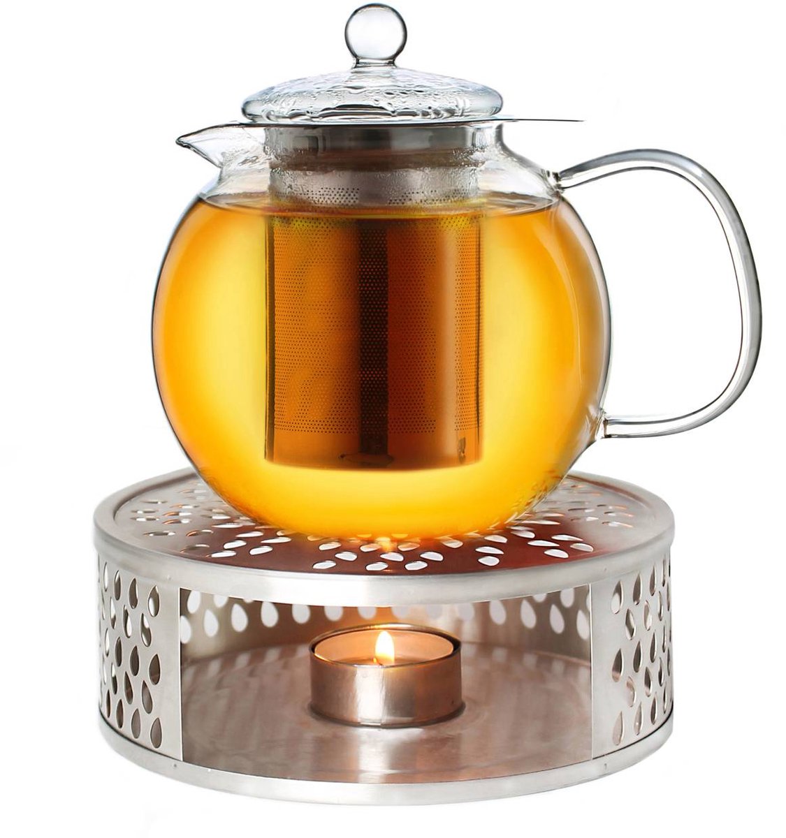 Creano glazen theepot 0,85l + een rvs theelicht, 3-delige glazen theepot met geïntegreerd rvs filter en glazen deksel, ideaal voor het zetten van losse thee, druppelvrij