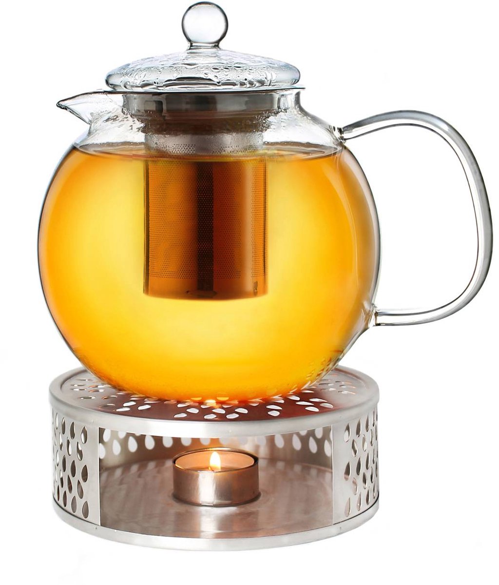 Creano glazen theepot 1,7l + een rvs theelicht, 3-delige glazen theepot met geïntegreerd rvs filter en glazen deksel, ideaal voor het zetten van losse thee, druppelvrij