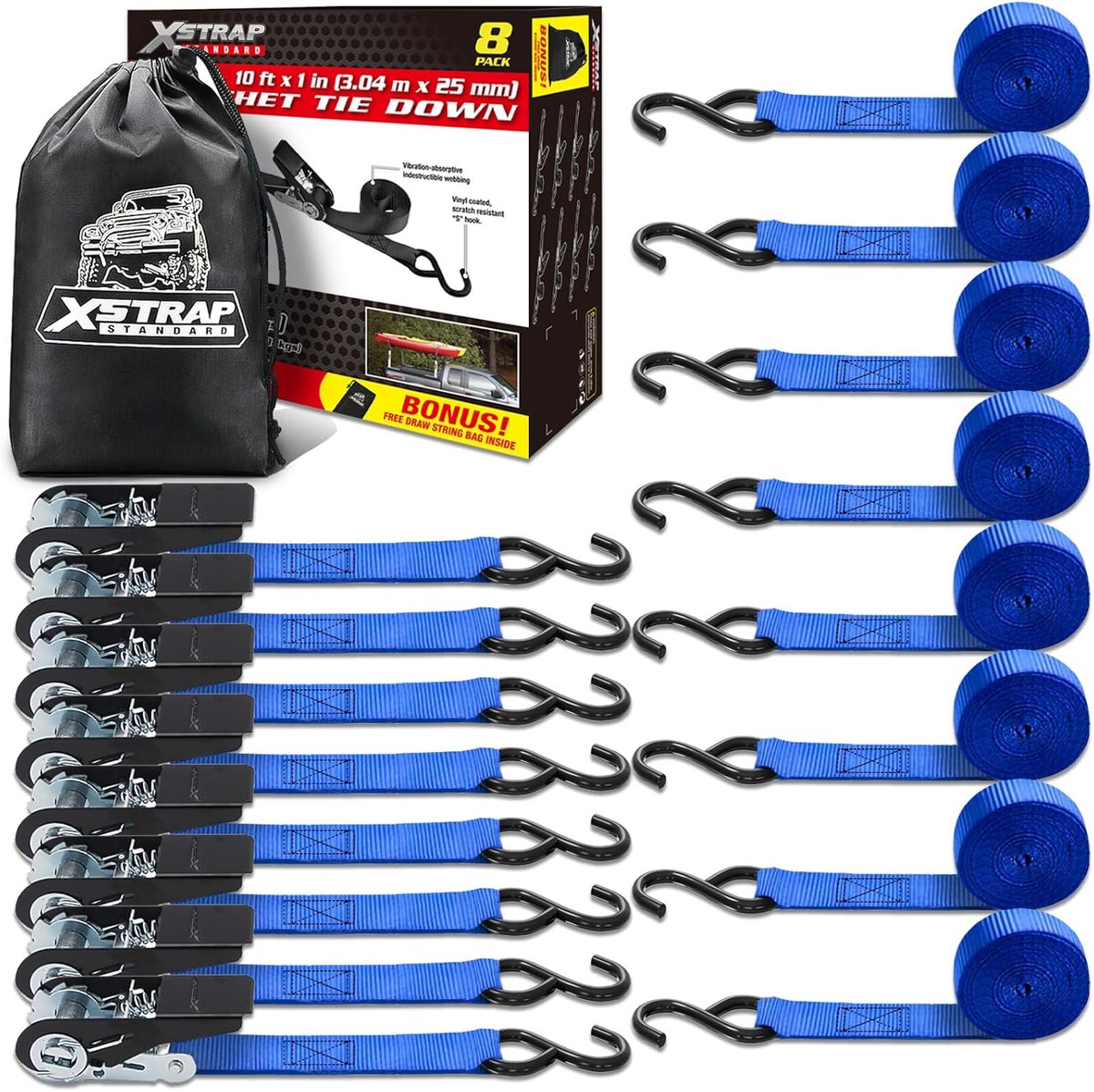 Spanbanden Set - Sjorbanden Vastzet - Vervoer Vastzetten - S-Haak Gecoat - 8 Stuks 3.5m - Blauw