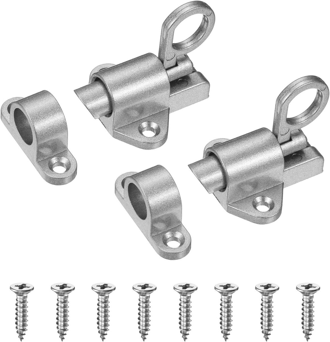 2-pack zelfsluitende vergrendelingen van aluminiumlegering voor kastdeur, raam en poort, inclusief schroeven en veerkrachtige boutvergrendeling, automatisch schuifdeurslot in zilver