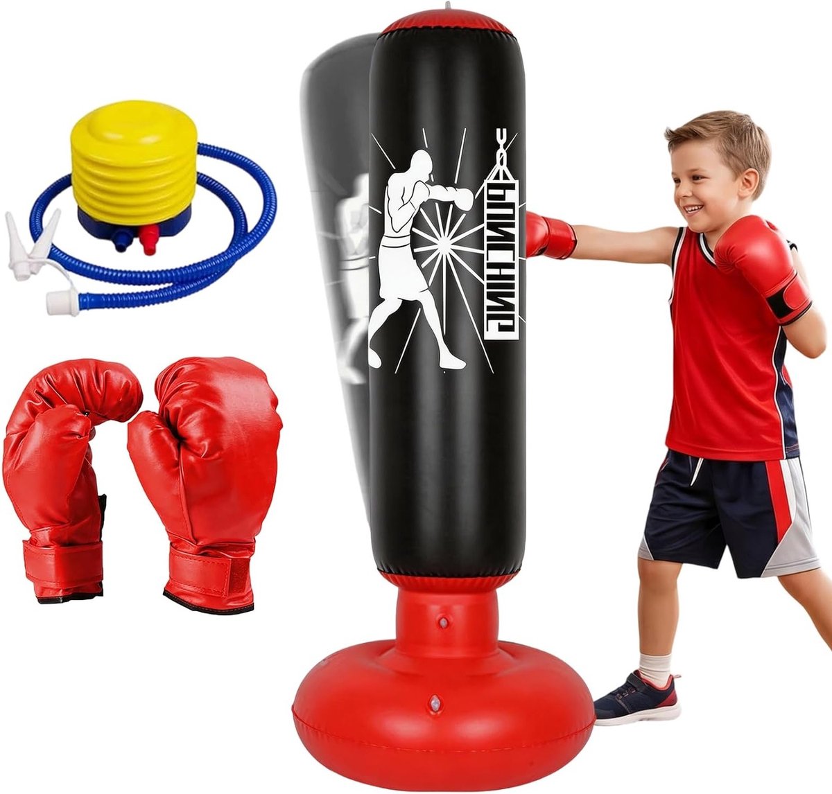 Bokszak voor kinderen van 6-12 jaar, 160 cm, opblaasbare bokszak met bokshandschoenen voor karate, kickboksen en MMA trainingen, ideaal cadeau voor jongens en meisjes