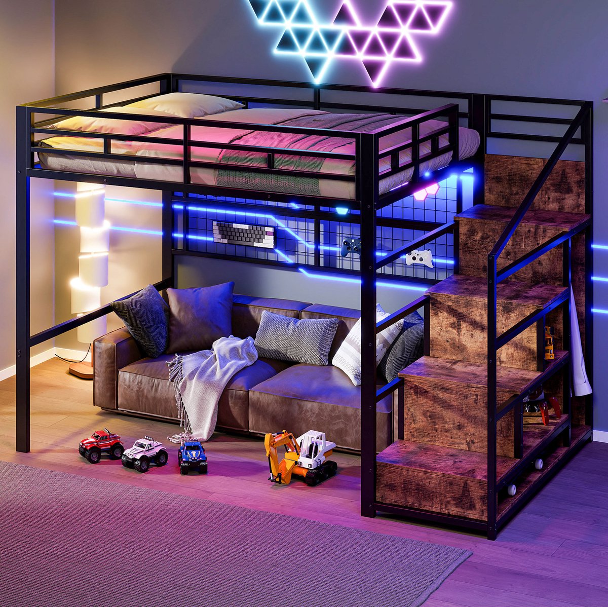 MEUNIQ hoogslaper 140x200 cm met opbergtrap en kledingkast, hangrooster, open ruimte onder bed, 7-kleuren LED, metalen bedframe voor slaapkamer, zwart