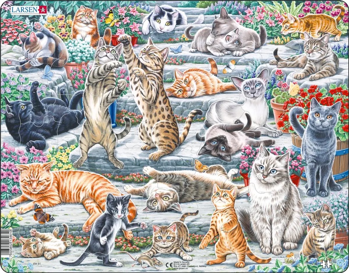 Larsen Kattenrassen – Puzzel – Katten – Dieren – Educatieve legpuzzel voor kinderen – 45 stukjes – Gemaakt in Noorwegen – Extra dikke 2,5 mm stukjes – Tray met vaste rand