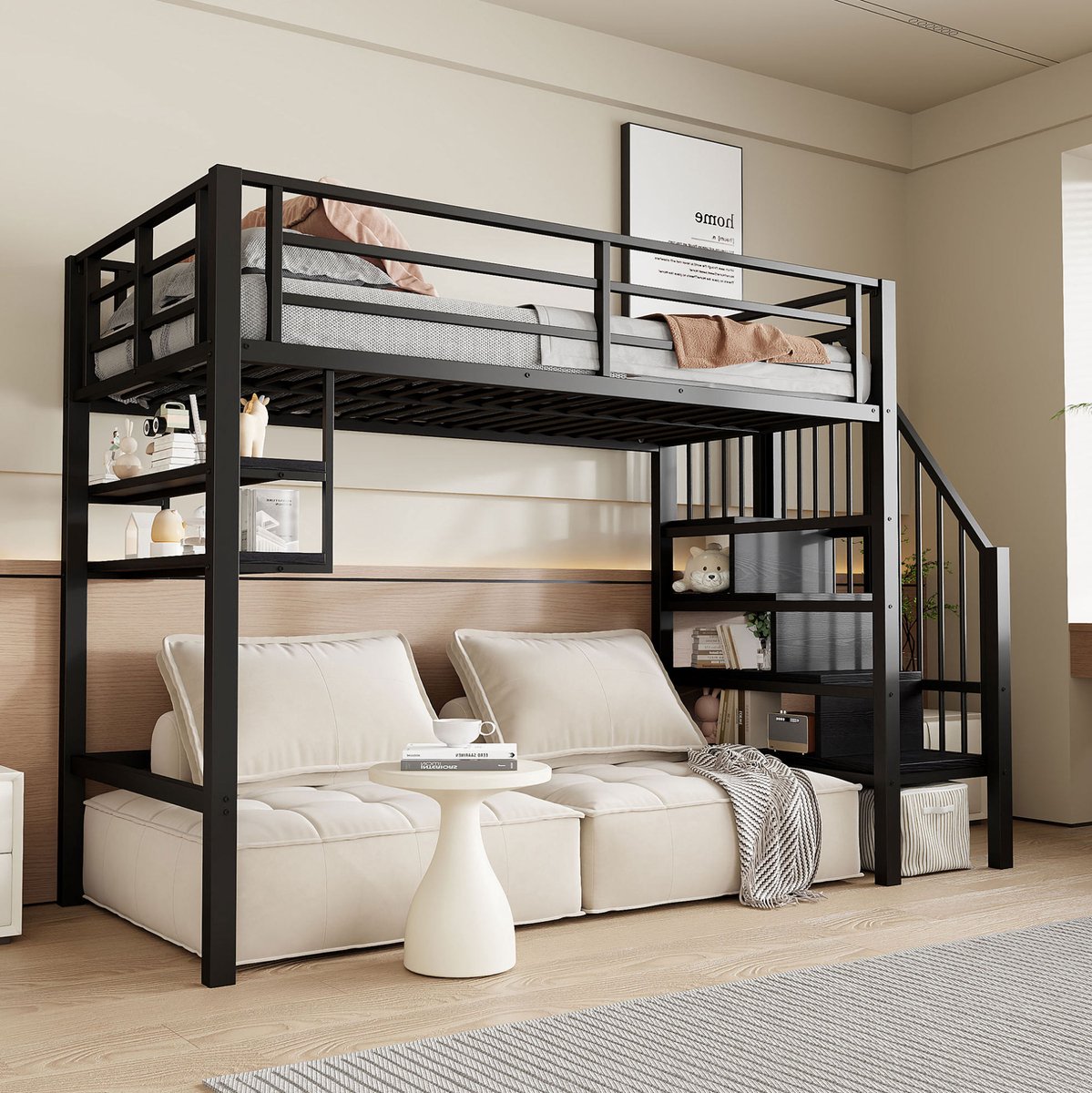 MEUNIQ hoogslaper 90x200 cm met trap en opbergrekken, metalen bedframe met veiligheidshekj