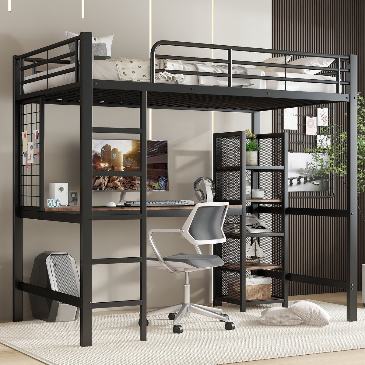 MEUNIQ hoogslaper 90x200 cm met bureau, meerlaagse opbergruimte, ladder, metalen veiligheidsleuningen en zwart donker hout voor slaapkamer of kinderkamer Black + Dark Wood