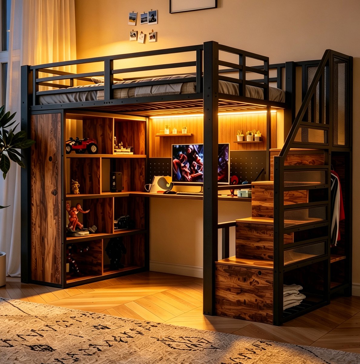 MEUNIQ Hoogslaper 90 x 200 cm met bureau, opbergruimte, trap met opbergvakken, LED-verlichting en Europese stopcontacten, eenpersoons bed in zwart Black