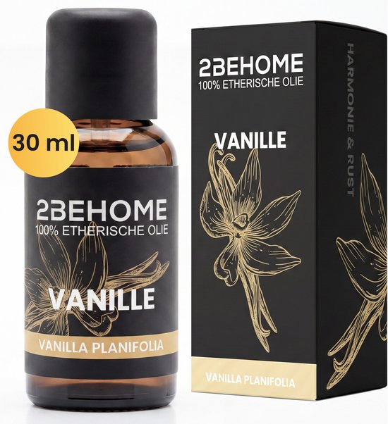 Flesje en doosje 2BEHOME vanille etherische olie met een gouden vanillebloem design.