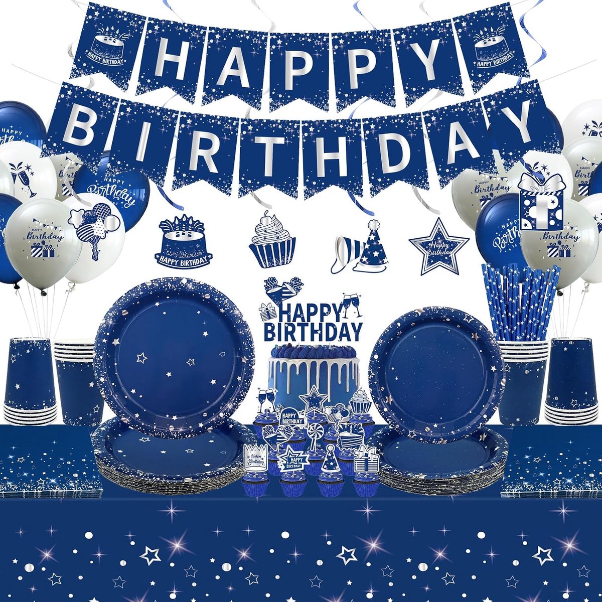Verjaardagsfeestdecoraties - Marineblauw Zilver - Compleet met banner, taarttopper, ballonnen - Voor 20 personen - ShopVlot
