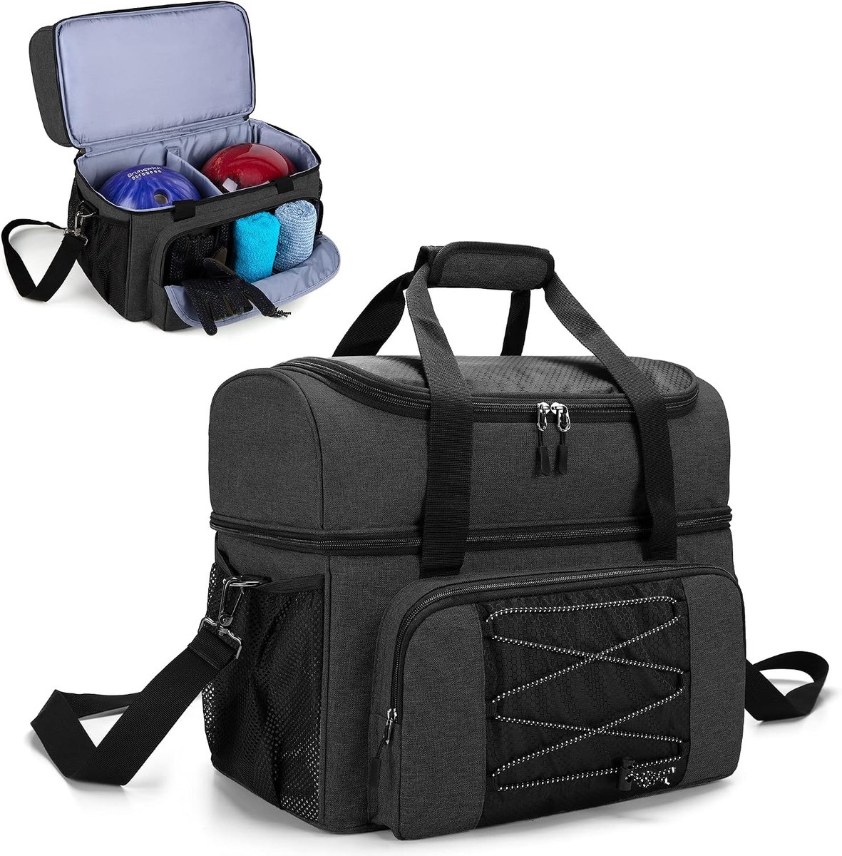 Bowling tas voor 2 ballen - met houten balhouder - voor bowlingschoenen en extra essentials - ShopVlot