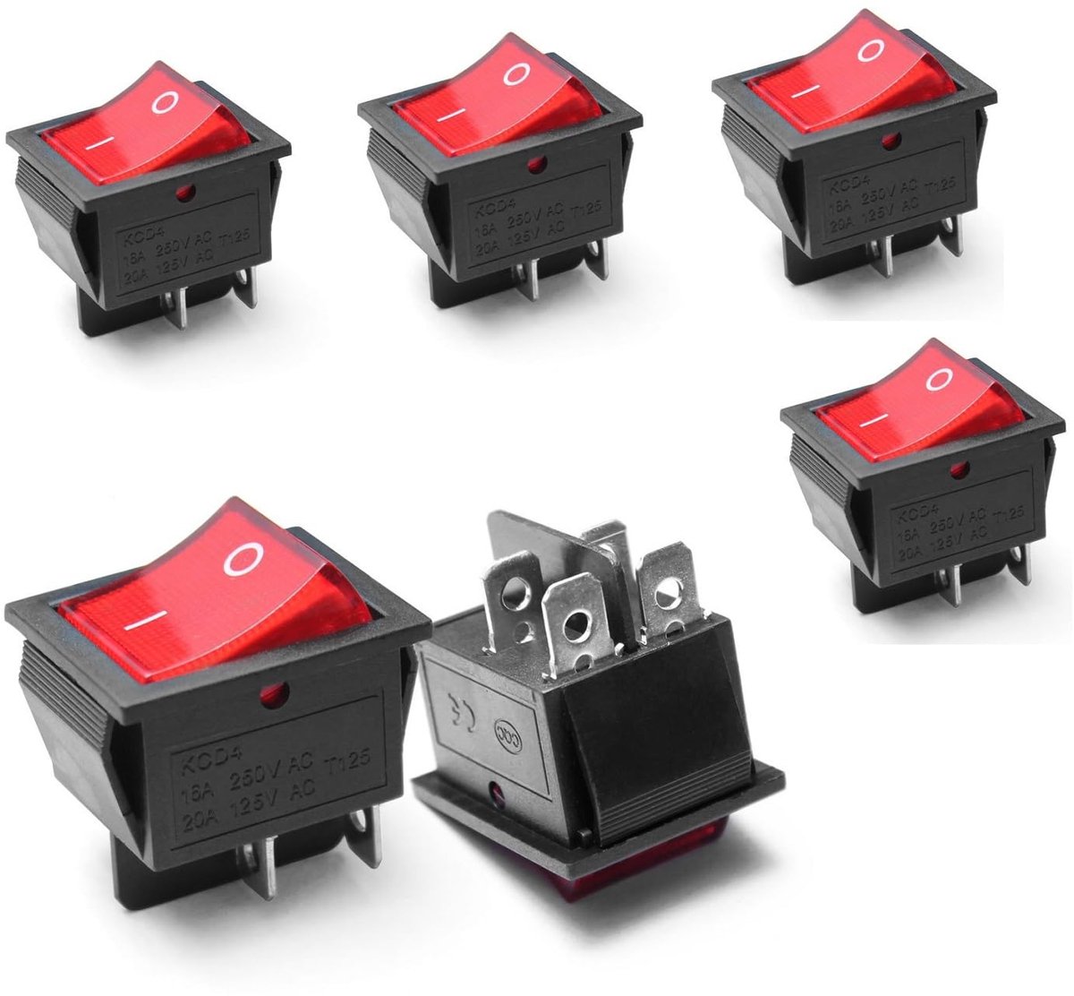 Rocker schakelaar KCD4 6 stuks - 4-polig 2 positie - AC 16A/250V 20A/125V - Geschikt voor auto en motor - ShopVlot