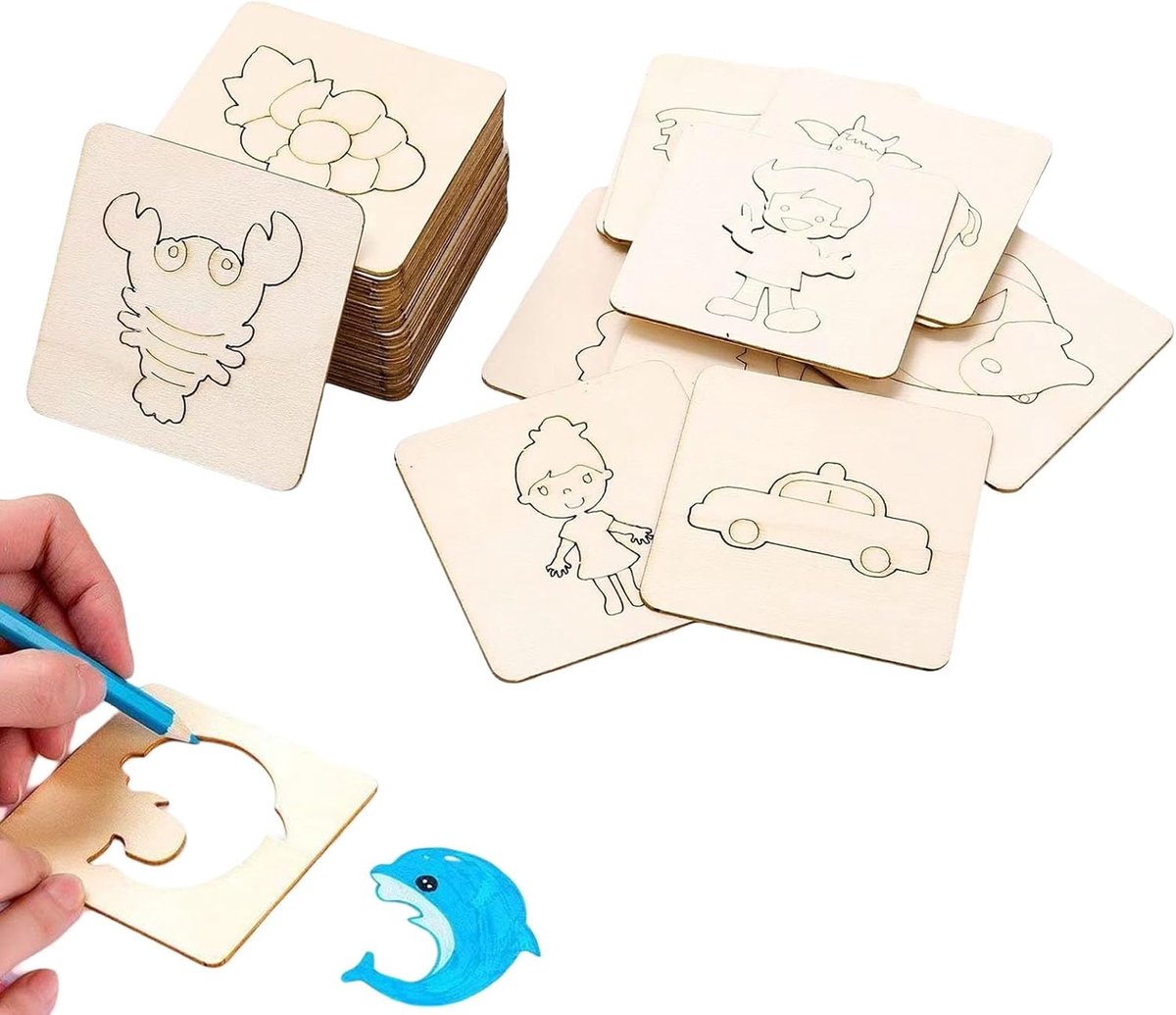 Schilderstencils voor kinderen - 60 stuks houten tekenstencils - Herbruikbaar en veilig - Ideaal voor creatief tekenen - ShopVlot