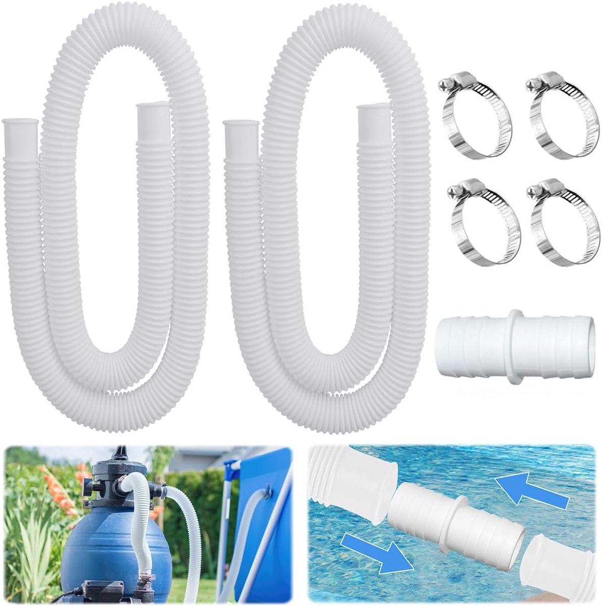 Zwembadslangen 32 mm - 150 cm wit - met veiligheidsclips en slangverbinder - vervangingssysteem voor zwembadpompen - ShopVlot
